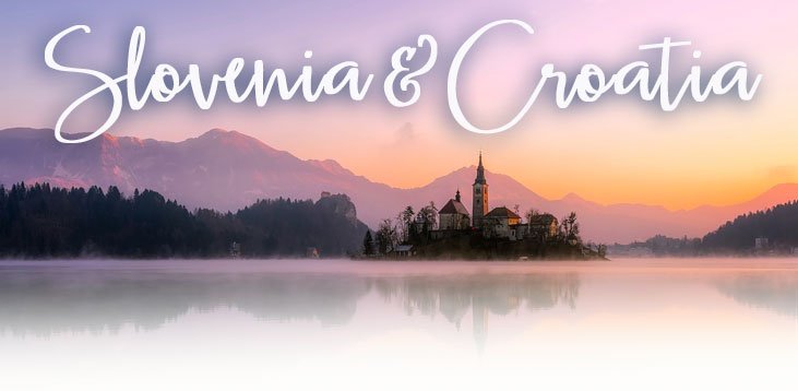 Lake and mountain landscape in Slovenia and Croatia