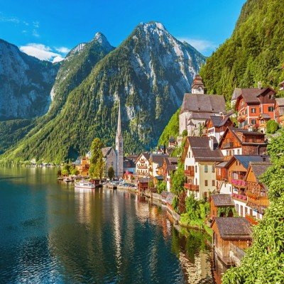 Hallstatt village beside an alpine lake