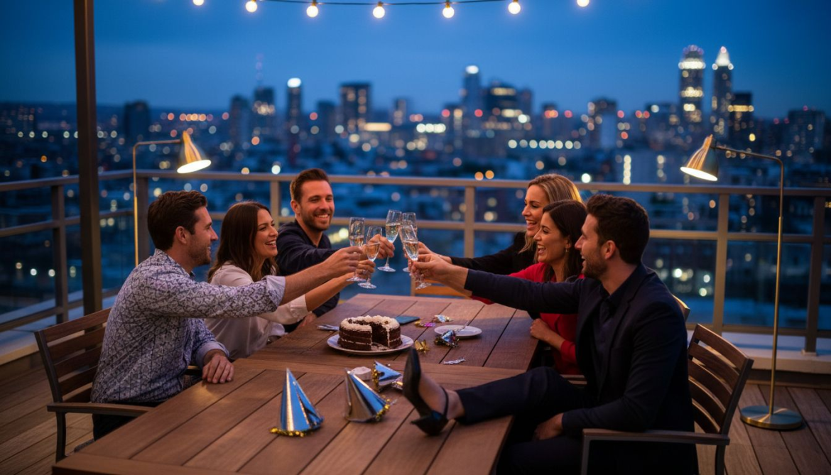 Group celebrating on rooftop with city view
