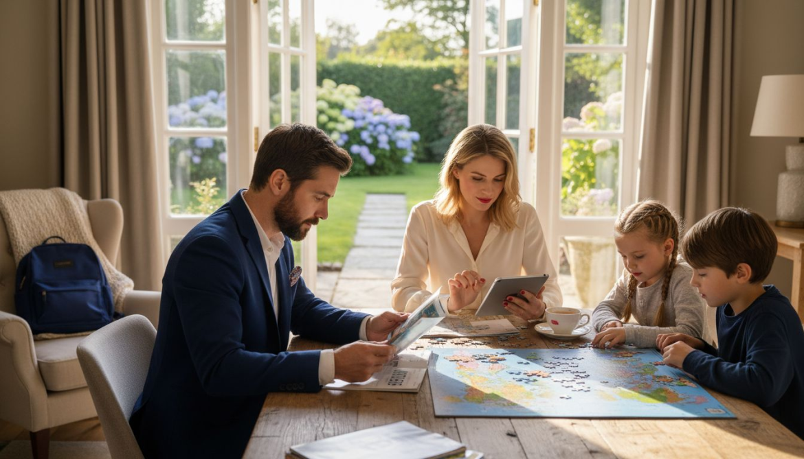 Family planning luxury trip at dining table