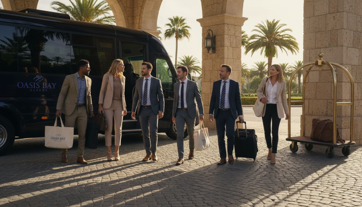 Team arriving at luxury resort entrance for incentive trip