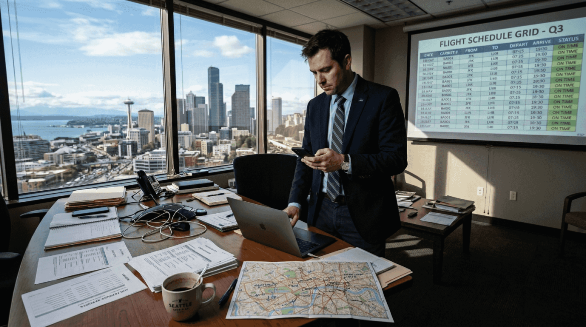 Corporate travel manager with itineraries in office