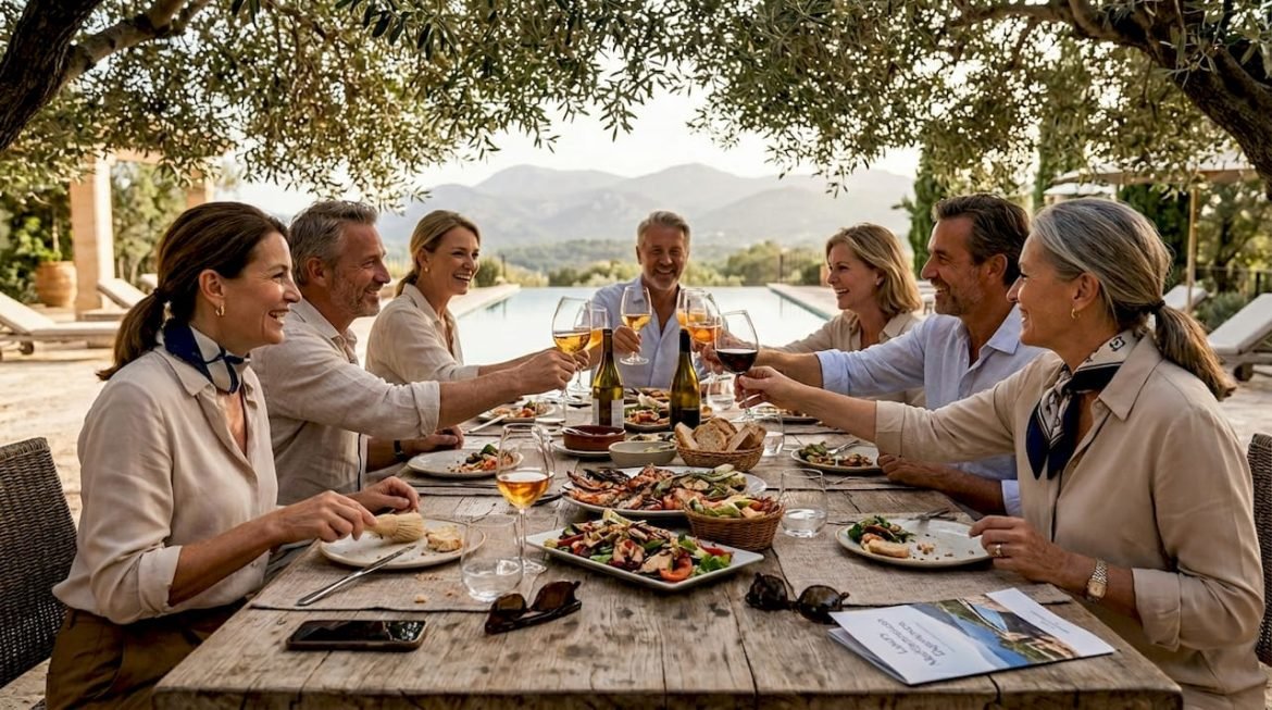 Luxury group travelers share gourmet meal outdoors