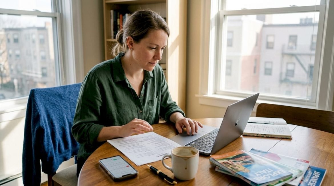 Travel planner working at kitchen table