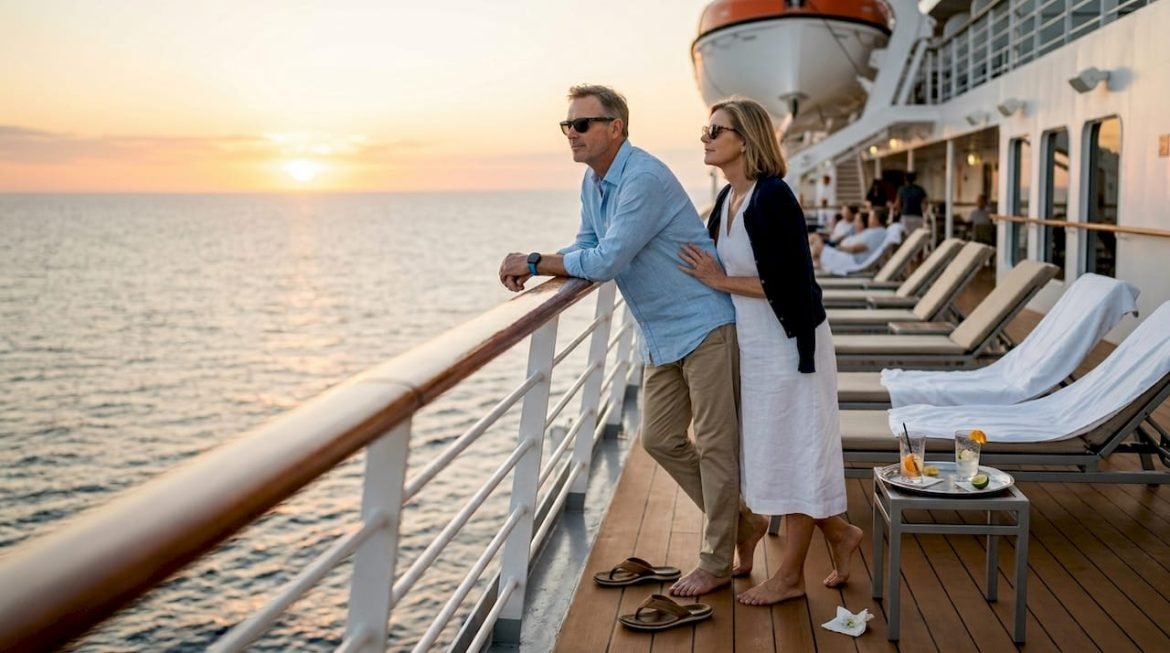 Couple relaxing on cruise ship deck at sunset