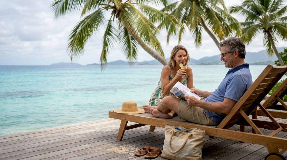 Couple relaxing on private island villa deck