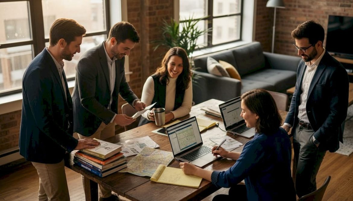 Group reviewing travel plans at living room table