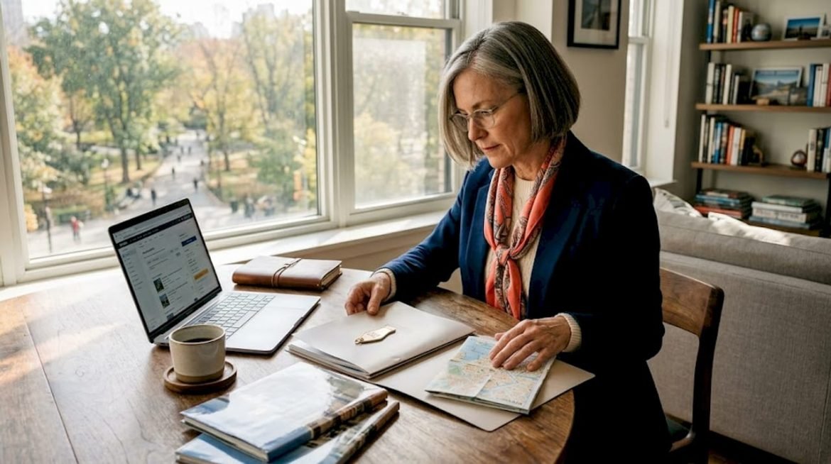 Travel advisor reviewing luxury itineraries at home