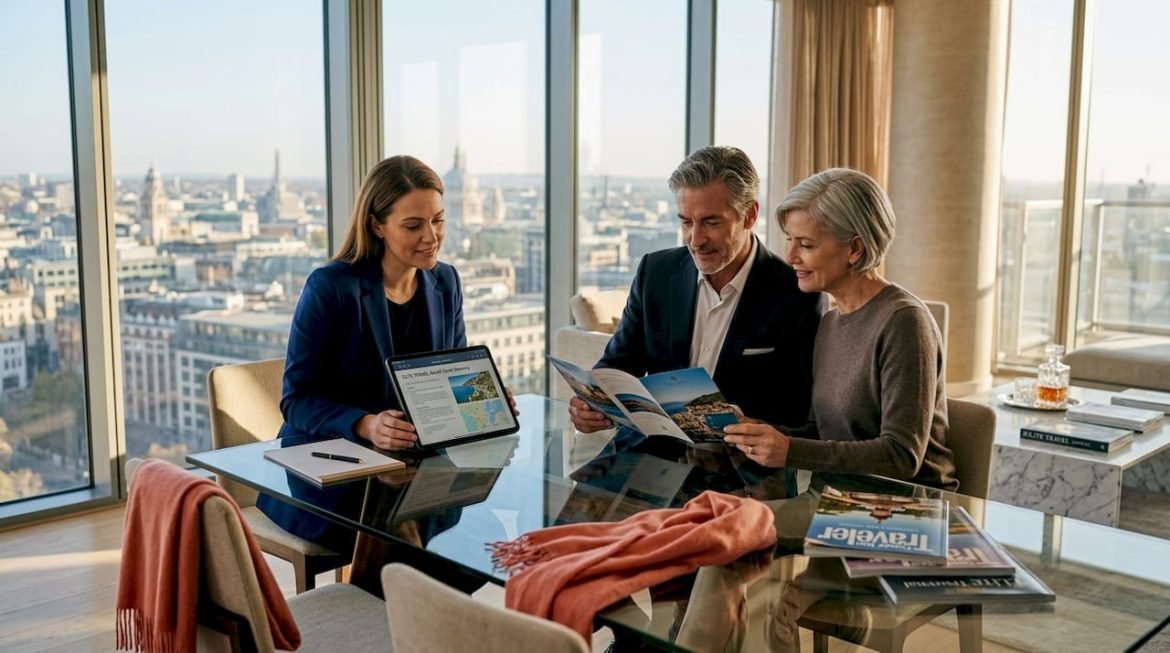 Concierge and clients reviewing a luxury travel plan
