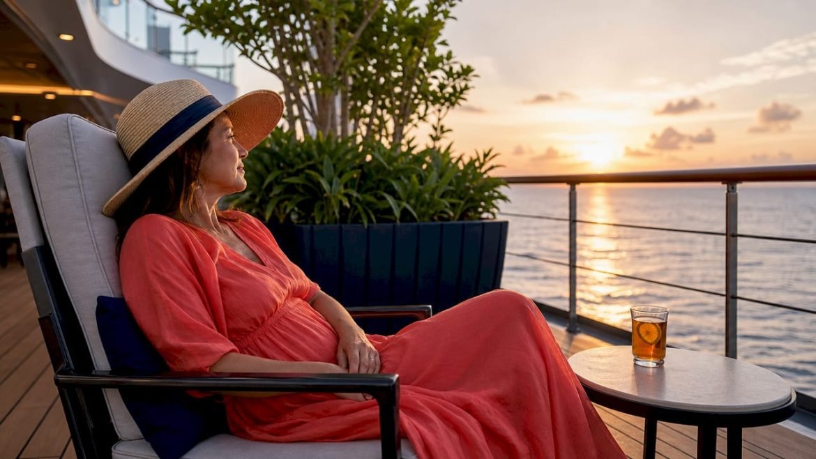Woman relaxing on luxury cruise ship deck at sunset
