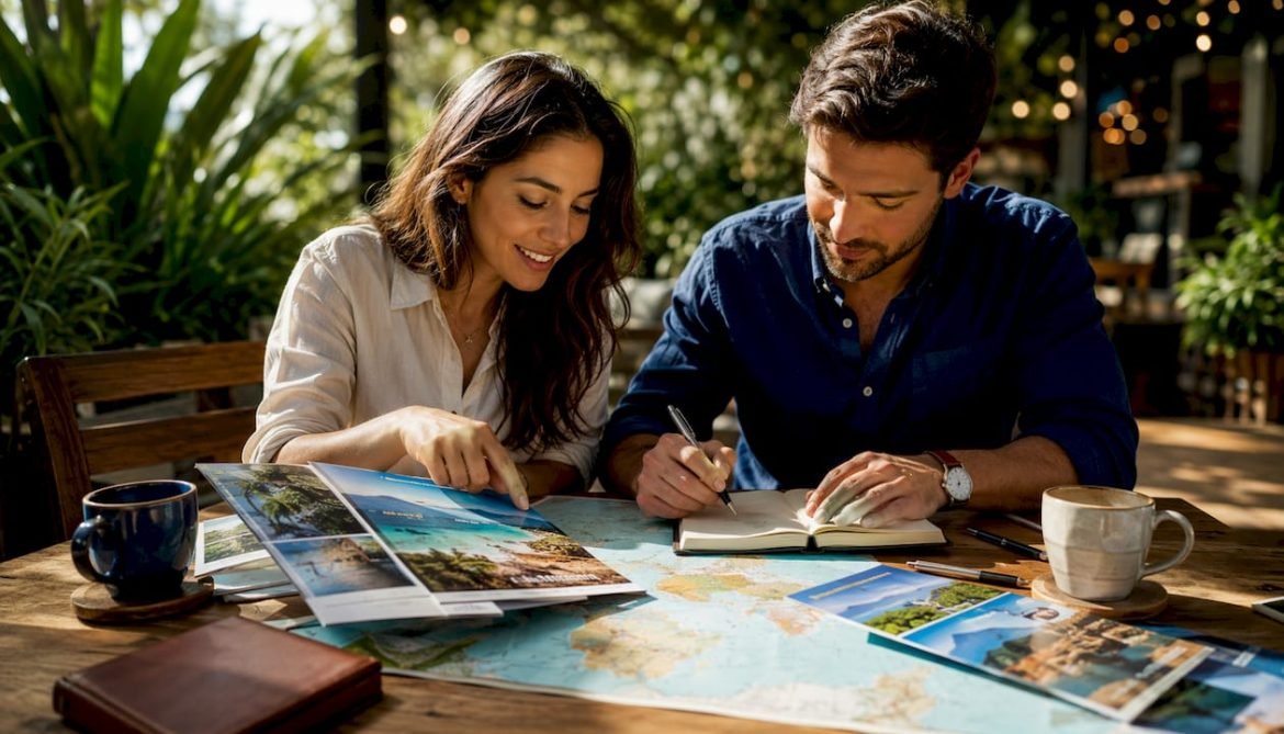 Couple planning honeymoon trip at home
