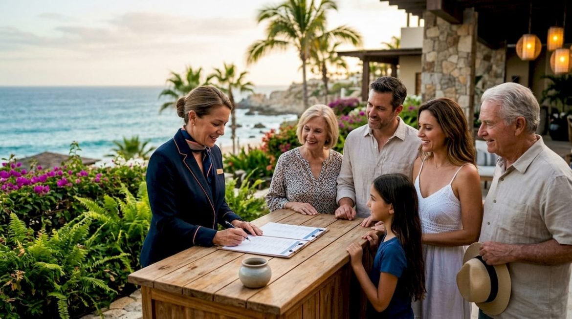 Concierge assisting family with vacation plans