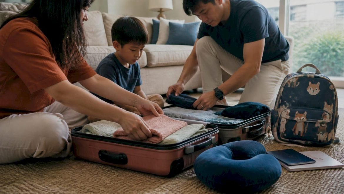Family packing luggage for travel