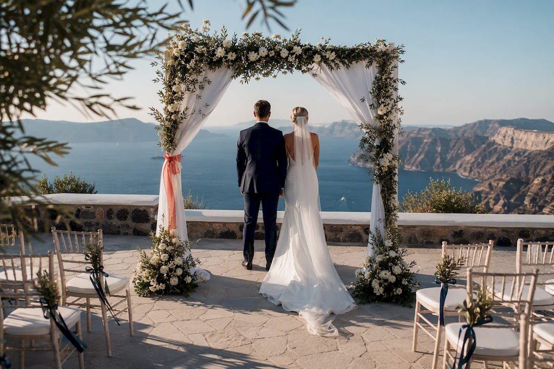 Greek island wedding ceremony overlooking sea