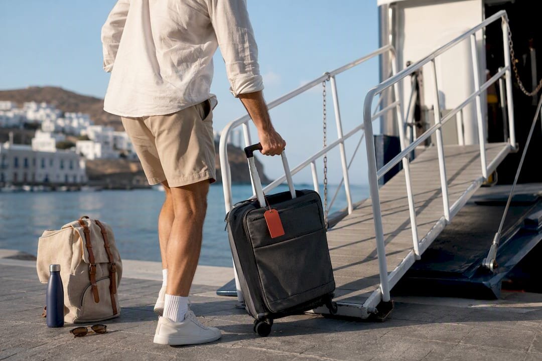 Light luggage ready for Greek ferry boarding