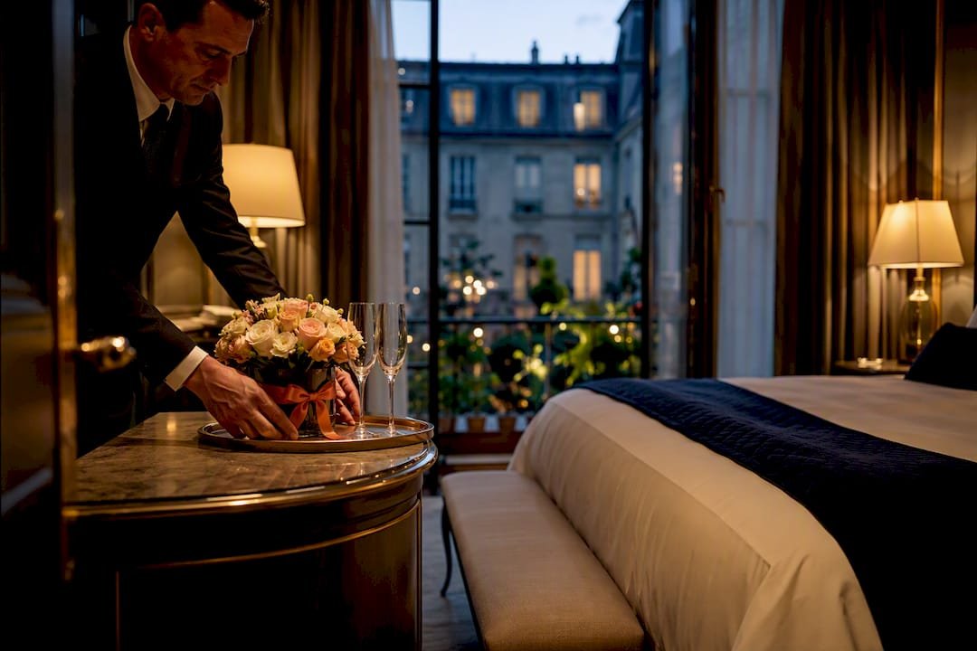 Luxury hotel room prepared for anniversary arrival