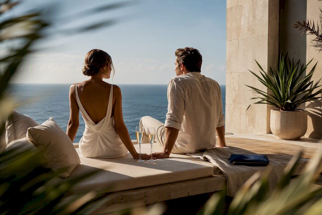Couple relaxing on luxury hotel terrace