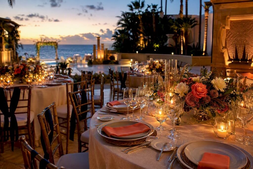Elegant Mexico resort wedding reception at twilight