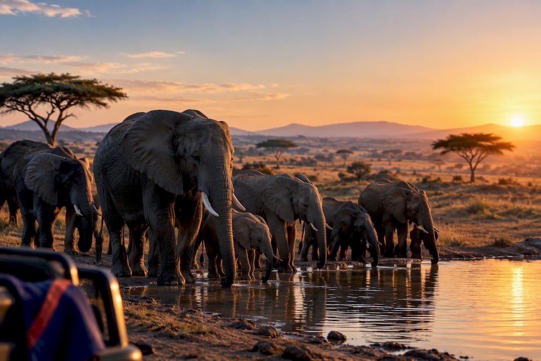 Elephants gathering at an African waterhole