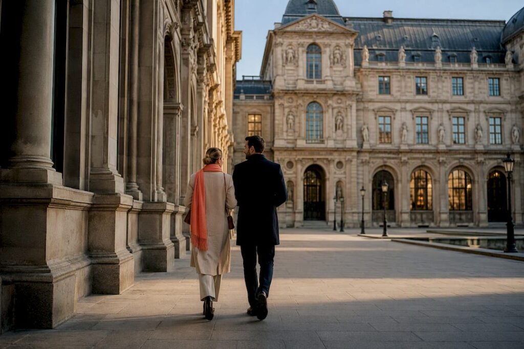 Couple walking through Paris museum courtyard