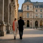 Couple walking through Paris museum courtyard